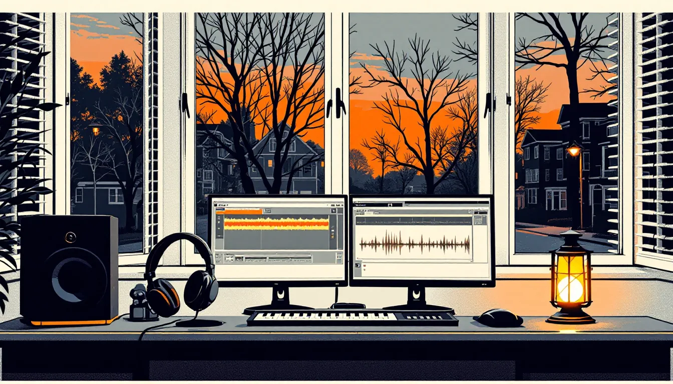 Screenprint-style illustration of an edit desk at dusk with multitrack waveforms on two monitors, headphones on a stand, and a lit desk lantern by the window