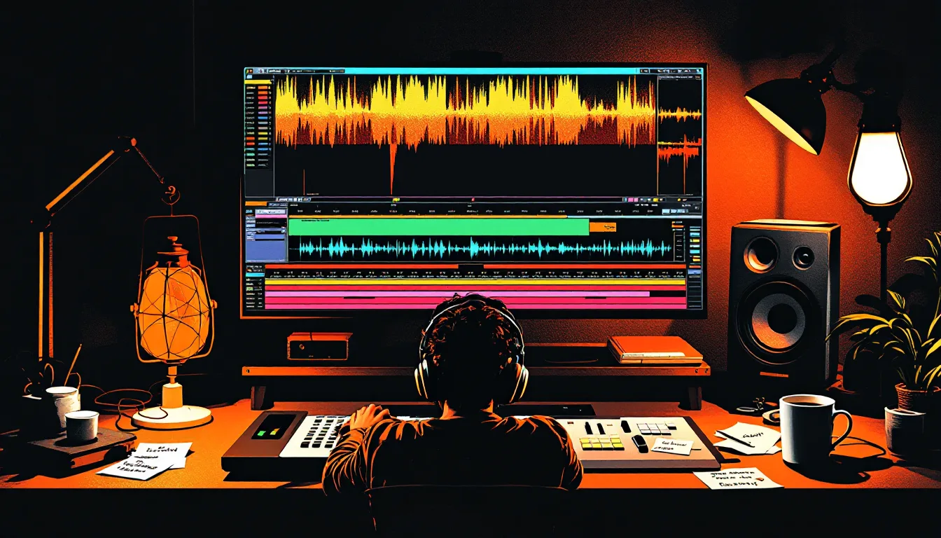 Screenprint-style illustration of an audio edit desk with multitrack waveforms on screen and headphones hanging from a glowing lamp