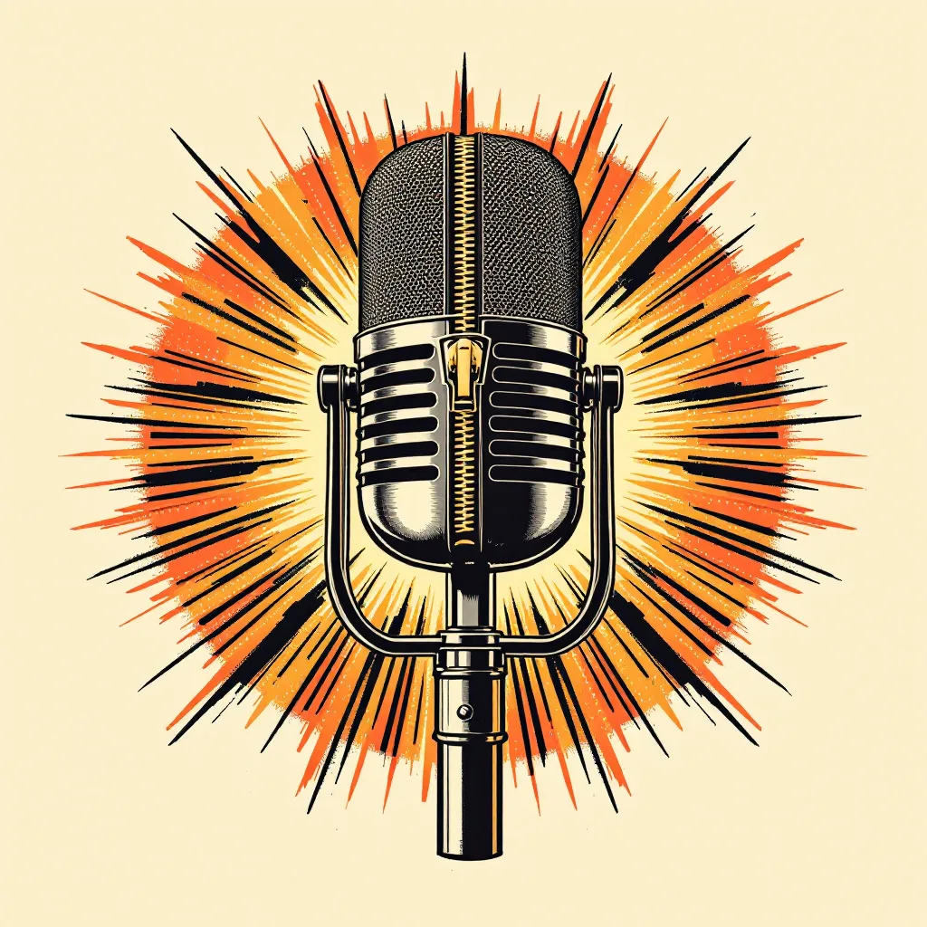Screenprint-style illustration of a broadcast microphone with a zipper up its grille, glowing like a lantern
