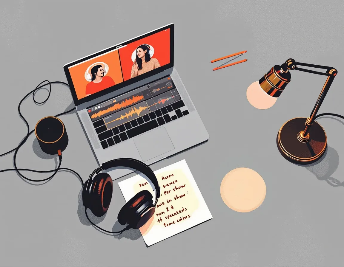 Screenprint-style illustration of a producer's desk mid-session: a laptop with a two-guest video call, per-speaker waveforms, headphones and a glowing desk lamp