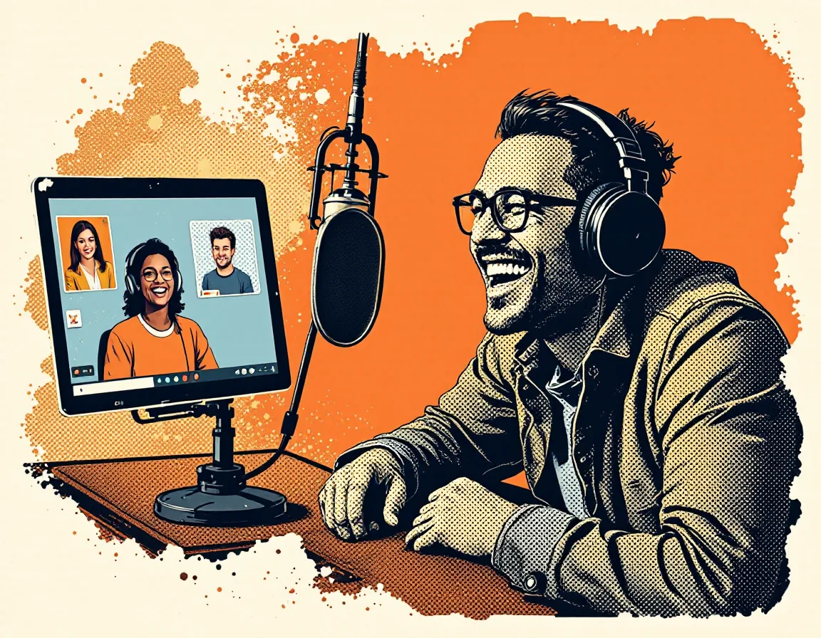 Screenprint-style illustration of a podcast host in studio headphones laughing with a guest on a video call